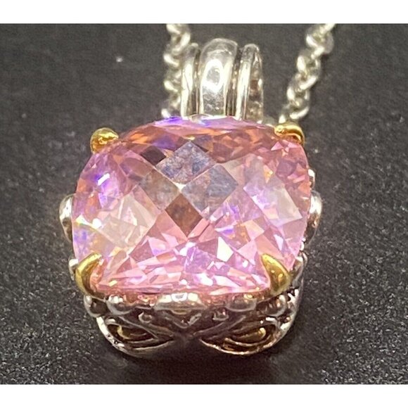 Two-tone Necklace Cushion Cut Pink CZ Renaissance Revival 16" + 3" Barbiecore - Picture 6 of 13